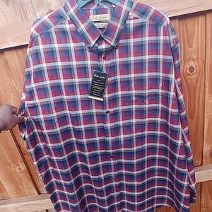 A red and blue gold label shirt
